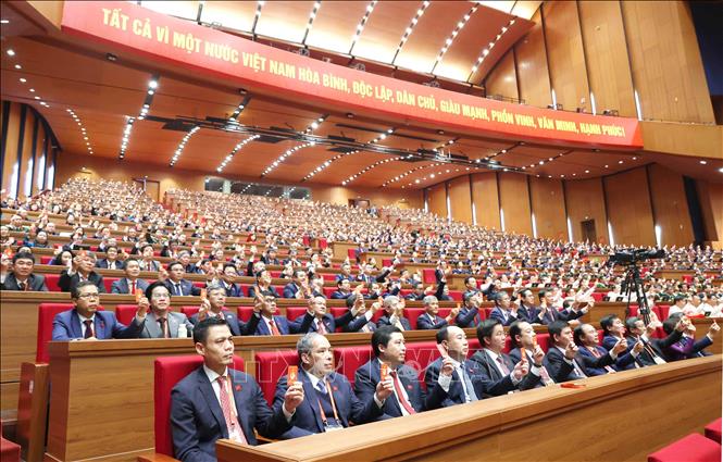 Đoàn đại biểu Đảng bộ Chính phủ biểu quyết thông qua Nghị quyết Đại hội. Ảnh: TTXVN