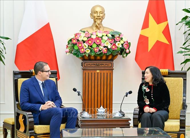 Thứ trưởng Bộ Ngoại giao Lê Thị Thu Hằng tiếp Thứ trưởng Thường trực Bộ Ngoại giao và Du lịch Malta. Ảnh: TTXVN phát
