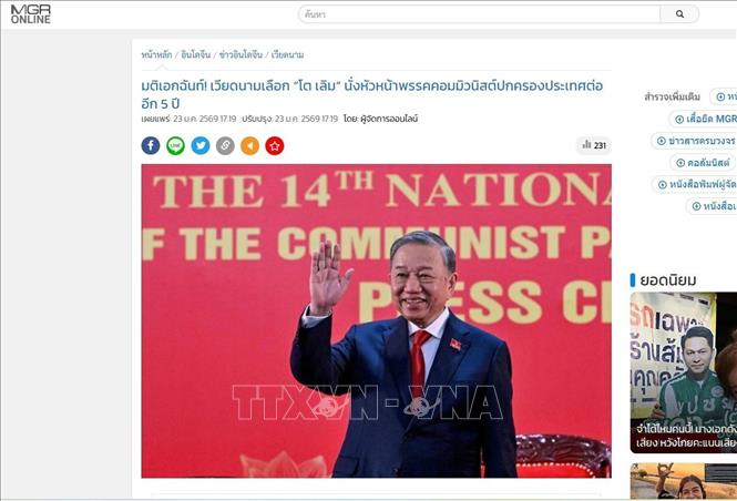 Trang mạng mgronline.com ngày 23/1 đăng tải bài viết với tiêu đề “Quyết định đồng thuận! Việt Nam bầu ông Tô Lâm lãnh đạo Đảng nhiệm kỳ 5 năm”. Ảnh: TTXVN