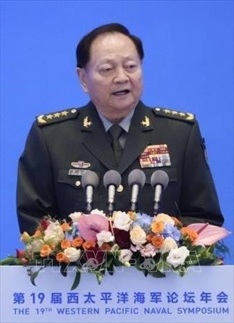 Phó Chủ tịch Quân ủy Trung ương Trung Quốc Trương Hựu Hiệp phát biểu tại Hội thảo hải quân Tây Thái Bình Dương ở Thanh Đảo, ngày 22/4/2024. Ảnh: Kyodo/TTXVN