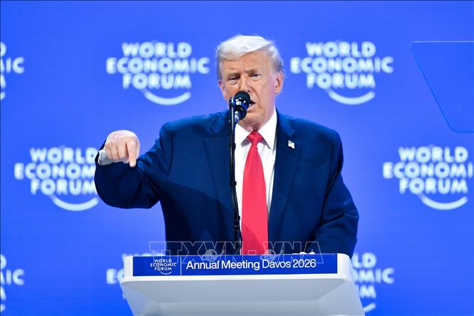 Tổng thống Mỹ Donald Trump phát biểu tại Diễn đàn Kinh tế thế giới ở Davos, Thuỵ Sĩ ngày 21/1/2026. Ảnh: THX/TTXVN