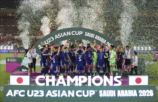 Phút đăng quang vô địch giải AFC U23 châu Á 2026 của tuyển U23 Nhật Bản. Ảnh: THX/TTXVN