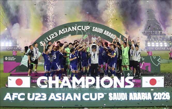 Phút đăng quang vô địch giải AFC U23 châu Á 2026 của tuyển U23 Nhật Bản. Ảnh: THX/TTXVN