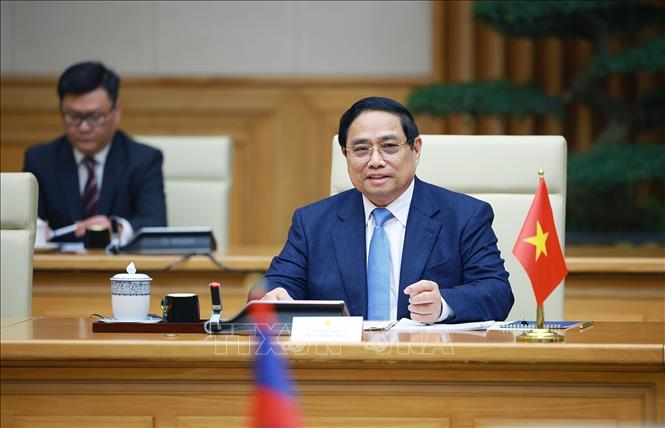 Thủ tướng Phạm Minh Chính phát biểu tại cuộc hội kiến Tổng Bí thư, Chủ tịch nước Lào Thongloun Sisoulith. Ảnh: Dương Giang– TTXVN
