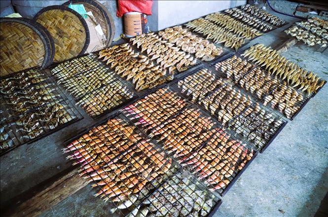 Để đáp ứng nhu cầu thị trường dịp gần Tết, mỗi ngày các chủ cơ sở đã nướng rất nhiều các loại hải sản. Ảnh: Xuân Tiến - TTXVN 