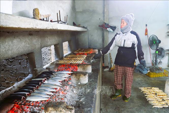 Người trực tiếp nướng cá phải luôn túc trực bên lò nướng để khều than, tiếp than giữ cho nhịp lửa than luôn đượm và dàn đều diện tích, giúp cá mau chín, chín đều. Ảnh: Xuân Tiến - TTXVN 