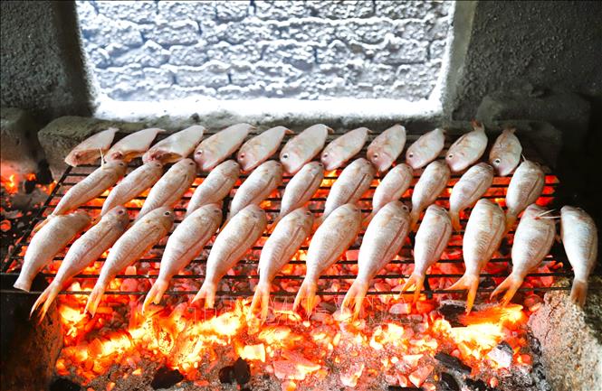 Cá Lưỡng được xếp trên giàn rả được hàn ghép bằng những que sắt nhỏ và nướng trực tiếp trên lửa than hoa. Ảnh: Xuân Tiến - TTXVN 
