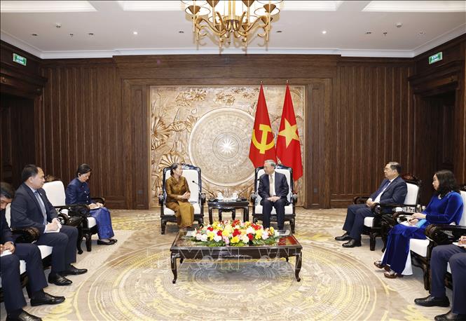 Tổng Bí thư Tô Lâm tiếp bà Men Sam An, Phó Chủ tịch Đảng Nhân dân Campuchia (CPP) sang chúc mừng thành công Đại hội Đảng XIV. Ảnh: Thống Nhất -TTXVN