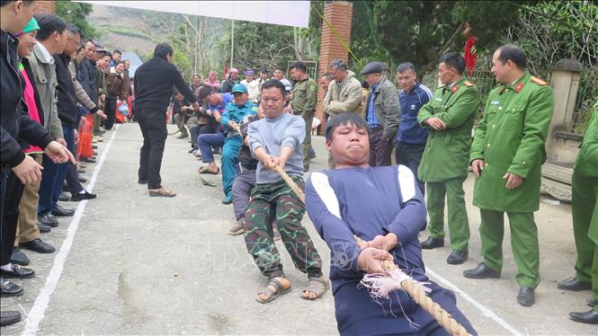 Quân, dân Pha Long tham gia thi kéo co. Ảnh: Hương Thu - TTXVN               