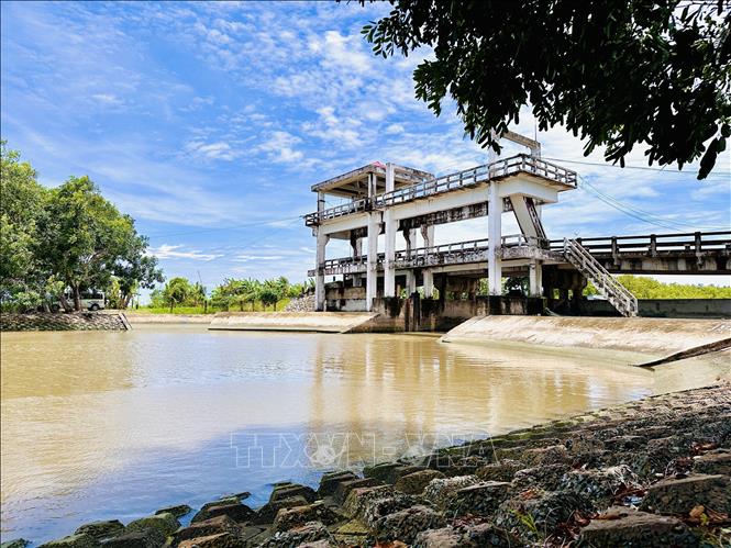 Nhóm công trình thuỷ lợi phục vụ sản xuất gồm hệ thống cống và đê ven sông đã phát huy hiệu quả rõ rệt, đặc biệt trong điều tiết nước, ngăn mặn, giữ ngọt, phục vụ sản xuất vùng nước lợ. Ảnh: Huỳnh Anh - TTXVN