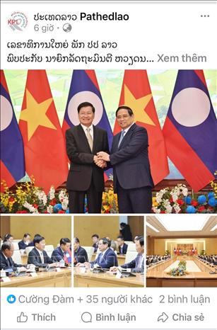 Bài viết Tổng Bí thư, Chủ tịch nước Lào gặp Thủ tướng Phạm Minh Chính trên báo Pathetlao. Ảnh: Xuân Tú - PV TTXVN tại Lào