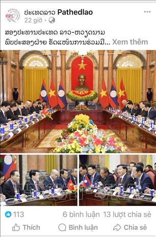 Bài viết Chủ tịch nước hai nước Việt Nam - Lào gặp song phương trên báo Pathetlao. Ảnh: Xuân Tú - PV TTXVN tại Lào