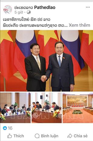 Bài viết Tổng Bí thư, Chủ tịch nước Lào Thongloun Sisloulith gặp Chủ tịch Quốc hội Việt Nam Trần Thanh Mẫn trên báo Pathetlao. Ảnh: Xuân Tú - PV TTXVN tại Lào