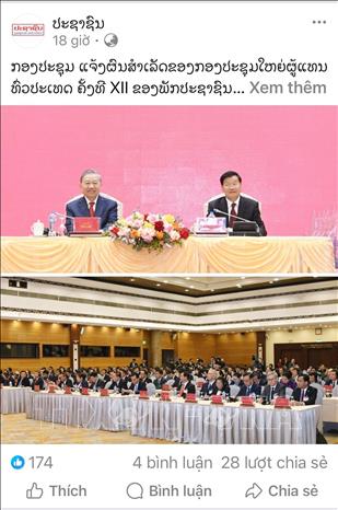 Bài viết Tổng Bí thư Tô Lâm cùng Tổng Bí thư, Chủ tịch nước Lào chủ trì thông báo kết quả Đại hội XII của Lào trên báo Pasaxon. Ảnh: Xuân Tú - PV TTXVN tại Lào