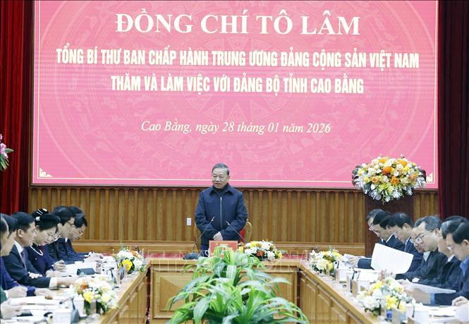 Tổng Bí thư Tô Lâm phát biểu tại buổi làm việc với Ban Chấp hành Đảng bộ tỉnh Cao Bằng. Ảnh: Thống Nhất -TTXVN