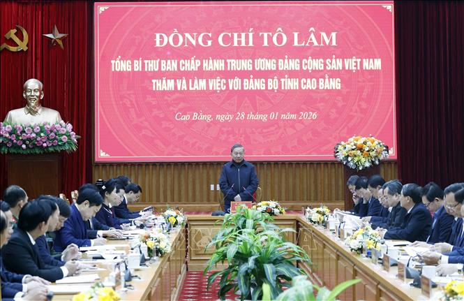 Tổng Bí thư Tô Lâm phát biểu tại buổi làm việc với Ban Chấp hành Đảng bộ tỉnh Cao Bằng. Ảnh: Thống Nhất -TTXVN