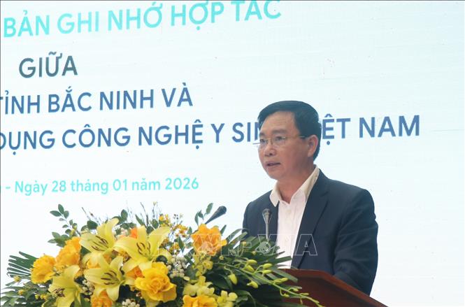 Phó Giám đốc Sở Y tế tỉnh Bắc Ninh Đào Khắc Hùng phát biểu tại chương trình. Ảnh: Thái Hùng - TTXVN