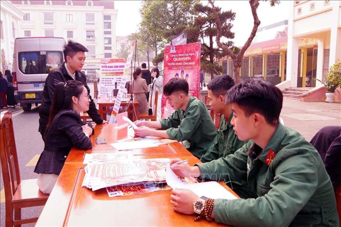 Trung tâm dịch vụ việc làm tỉnh Ninh Bình, các doanh nghiệp... tổ chức tư vấn, hướng nghiệp cho các quân nhân xuất ngũ. Ảnh: Đại Nghĩa - TTXVN