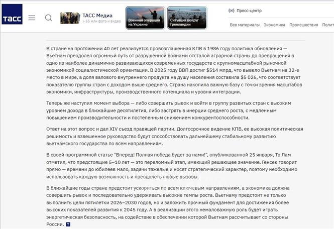 Bài viết của Trưởng Văn phòng Đại diện TASS tại Việt Nam, ông Yuri Denisovich. Ảnh chụp màn hình - Trần Hải, PV TTXVN tại Nga