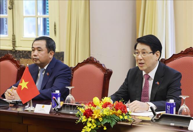 Chủ tịch nước Lương Cường phát biểu tại cuộc hội đàm với Chủ tịch Hội đồng châu Âu Antonio Costa. Ảnh: Lâm Khánh – TTXVN