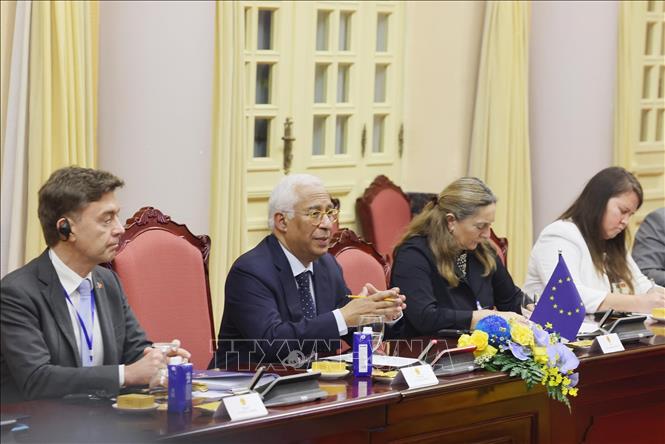 Chủ tịch Hội đồng châu Âu Antonio Costa phát biểu tại cuộc hội đàm với Chủ tịch nước Lương Cường. Ảnh: Lâm Khánh – TTXVN