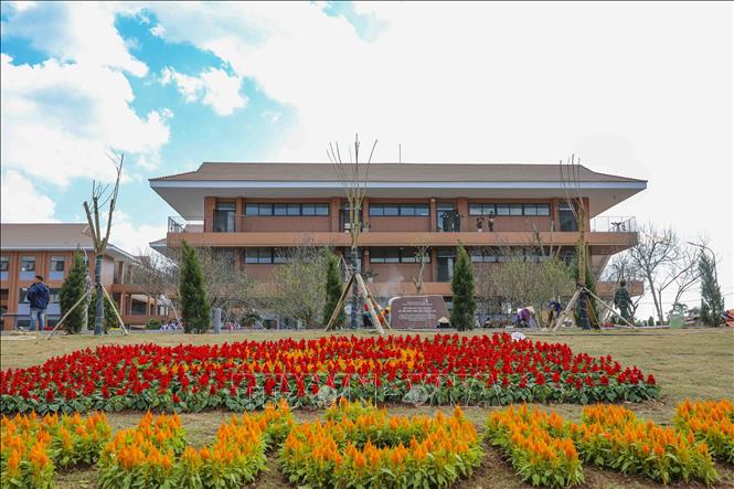 Khuôn viên nhà trường được trồng nhiều hoa, cây cảnh nhằm tạo cảnh quan xanh, sạch, đẹp. Ảnh: Xuân Tư - TTXVN
