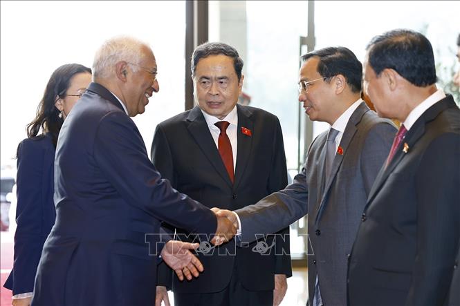 Chủ tịch Quốc hội Trần Thanh Mẫn và đoàn đại biểu Việt Nam đón Chủ tịch Hội đồng châu Âu António Costa. Ảnh: Doãn Tấn - TTXVN