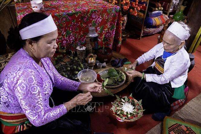 Các Mế Mường (phụ nữ cao tuổi) ngồi têm trầu cánh phượng chuẩn bị cho mâm lễ tết. Ảnh: Trọng Đạt-TTXVN