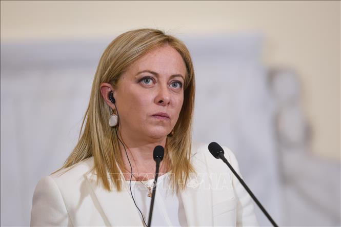 Thủ tướng Italy Giorgia Meloni trong cuộc họp báo tại Warsaw, Ba Lan. Ảnh: PAP/TTXVN