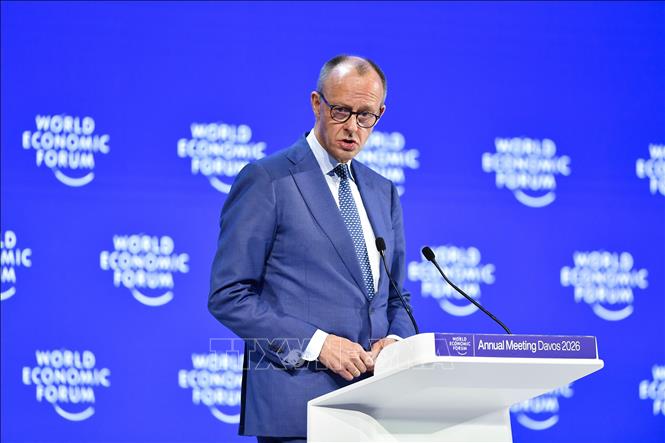 Thủ tướng Đức Friedrich Merz phát biểu tại Diễn đàn Kinh tế thế giới (WEF) ở Davos, Thụy Sĩ ngày 22/1/2026. Ảnh: THX/TTXVN