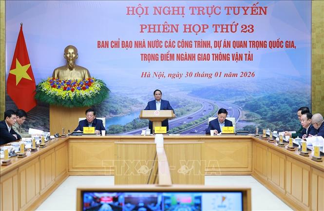 Thủ tướng Phạm Minh Chính chủ trì Phiên họp thứ 23 của BCĐ các công trình, dự án quan trọng quốc gia, trọng điểm ngành giao thông vận tải. Ảnh: Dương Giang - TTXVN
