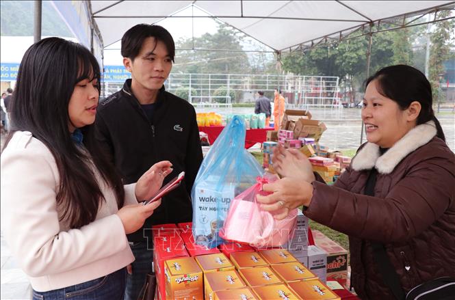 Tổ chức các gian hàng “Chợ Tết Công đoàn” với mức giá ưu đãi, hỗ trợ đoàn viên mua sắm Tết tiết kiệm chi phí. Ảnh: Đức Thọ - TTXVN
