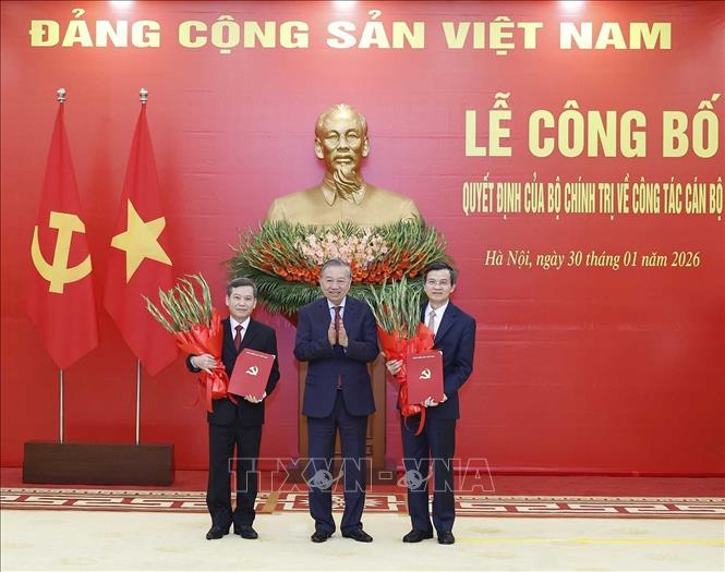 Tổng Bí thư Tô Lâm trao Quyết định của Bộ Chính trị cho các đồng chí Lê Minh Trí (bên trái) và Đoàn Minh Huấn (bên phải). Ảnh: Thống Nhất – TTXVN