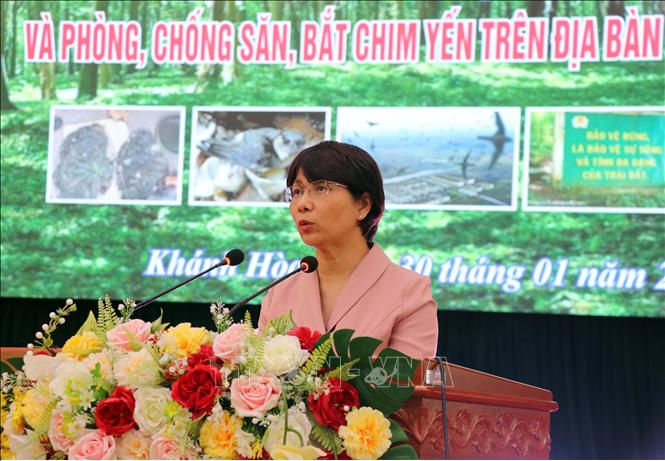 Bà Hoàng Thị Thanh Nhàn - Phó Cục trưởng Cục Bảo tồn đa dạng sinh học (Bộ Nông nghiệp và Môi trường) phát biểu tại hội nghị. Ảnh: Công Thử - TTXVN