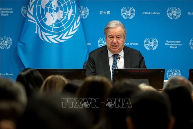 Tổng Thư ký LHQ Antonio Guterres phát biểu tại cuộc họp báo ở New York, Mỹ. Ảnh: THX/TTXVN