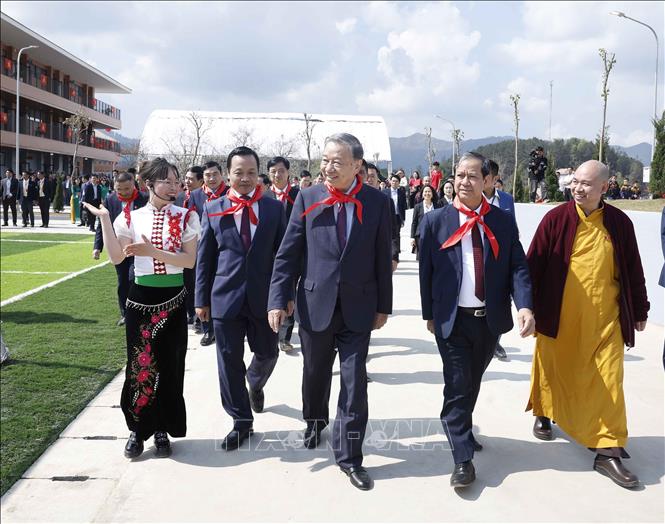 Tổng Bí thư Tô Lâm dự Lễ khánh thành Trường Phổ thông nội trú liên cấp Tiểu học và THCS Si Pa Phìn. Ảnh: Thống Nhất – TTXVN