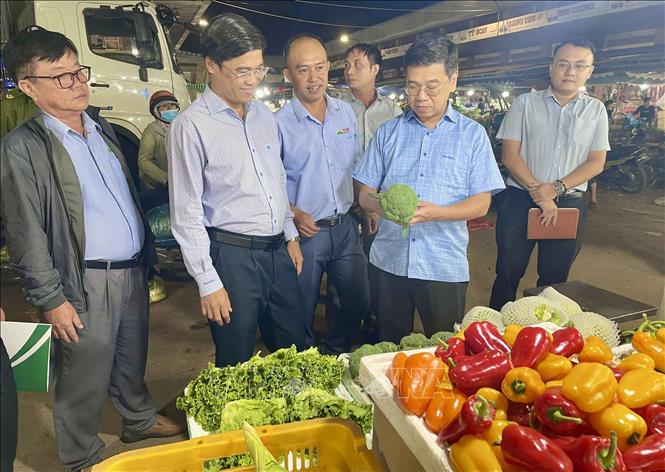 Phó Chủ tịch UBND TP. Hồ Chí Minh Nguyễn Văn Dũng yêu cầu các chợ đầu mối đảm bảo nguồn hàng hoá cả về chất, lượng và giá cả ổn định. Ảnh: Hương Giang – TTXVN