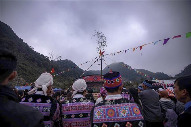 Cây nêu, biểu tượng linh thiêng nối trời với đất, ngọn cây luôn hướng về phía Đông là hướng sinh, hướng của Mặt Trời, thể hiện ước vọng cầu con, cầu mùa màng tươi tốt. Ảnh: Trọng Đạt-TTXVN