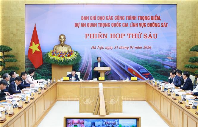 Phiên họp thứ sáu của Ban Chỉ đạo các công trình trọng điểm, dự án quan trọng quốc gia lĩnh vực đường sắt. Ảnh: Dương Giang-TTXVN 