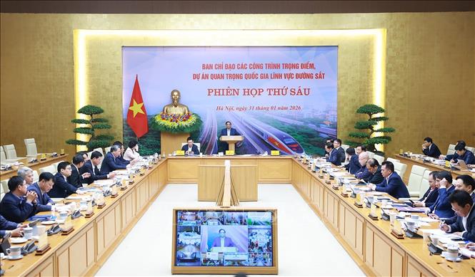 Phiên họp thứ sáu của Ban Chỉ đạo các công trình trọng điểm, dự án quan trọng quốc gia lĩnh vực đường sắt. Ảnh: Dương Giang-TTXVN 