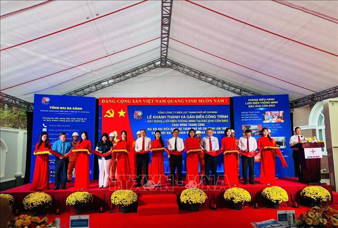 Các đại biểu cắt băng khánh thành lưới điện thông minh tại Côn Đảo đi vào vận hành. Ảnh: TTXVN phát 