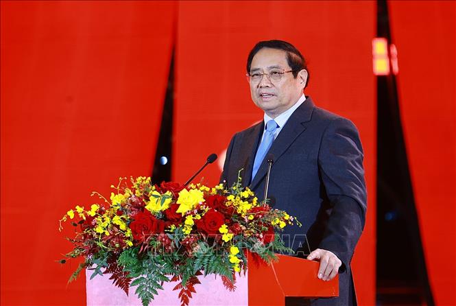 Thủ tướng Phạm Minh Chính phát biểu tại Lễ khai mạc Hội chợ Mùa Xuân lần thứ nhất - năm 2026. Ảnh: Dương Giang-TTXVN
