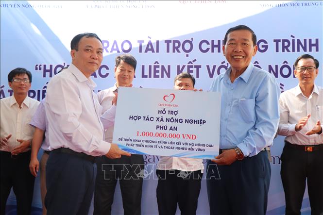Ông Lê Đức Thịnh, Cục trưởng Cục Kinh tế hợp tác và Phát triển nông thôn (Bộ Nông nghiệp và Môi trường), trao bảng tượng trưng hỗ trợ vốn ban đầu 1 tỷ đồng cho đại diện HTX nông nghiệp Phú An. Ảnh: Thu Hiền - TTXVN