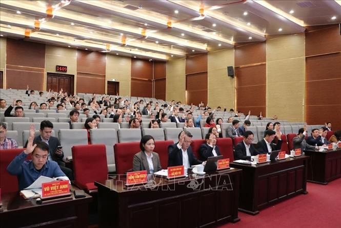 Đại biểu tiến hành biểu quyết tại hội nghị. Ảnh: Mạnh Minh – TTXVN