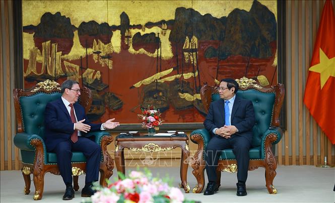 Thủ tướng Phạm Minh Chính tiếp đồng chí Bruno Rodríguez Parrilla, Ủy viên Bộ Chính trị, Đặc phái viên Đảng, Chính phủ Cuba, Bộ trưởng Bộ Ngoại giao Cuba. Ảnh: Dương Giang-TTXVN 