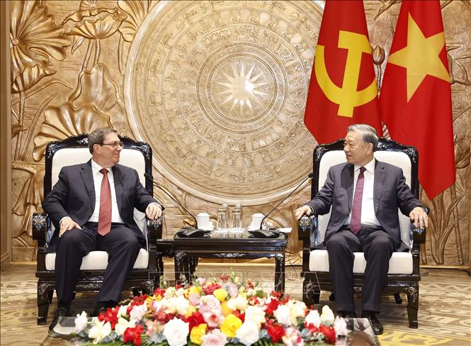 Tổng Bí thư Tô Lâm tiếp thân mật đồng chí Bruno Rodríguez Parrilla, Đặc phái viên Đảng Cộng sản Cuba, Nhà nước Cộng hòa Cuba, Ủy viên Bộ Chính trị, Bộ trưởng Ngoại giao Cuba. Ảnh: Thống Nhất – TTXVN