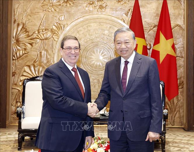 Tổng Bí thư Tô Lâm tiếp thân mật đồng chí Bruno Rodríguez Parrilla, Đặc phái viên Đảng Cộng sản Cuba, Nhà nước Cộng hòa Cuba, Ủy viên Bộ Chính trị, Bộ trưởng Ngoại giao Cuba. Ảnh: Thống Nhất – TTXVN