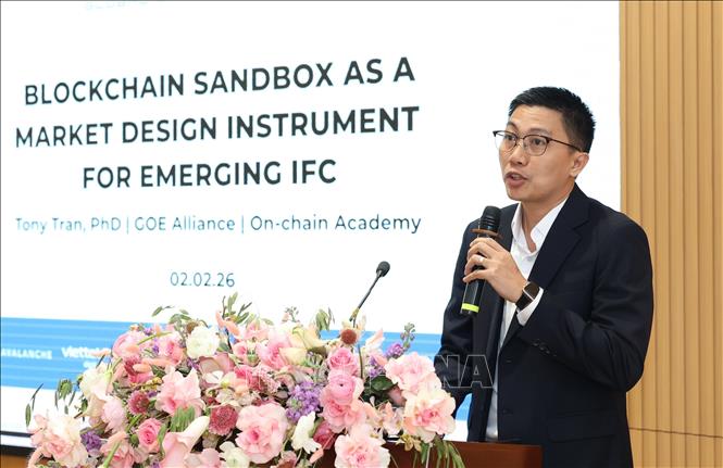 Tiến sĩ Trần Nhật Khoa, Thành viên sáng lập Liên minh Kinh tế On-chain Toàn cầu (GOE Alliance) phát biểu tại hội thảo. Ảnh: Hứa Chung-TTXVN