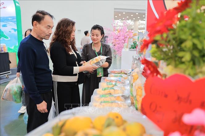 Người dân đến tham quan, mua sắm tại gian hàng sản phẩm OCOP tỉnh Nghệ An. Ảnh: Lê Đông - TTXVN