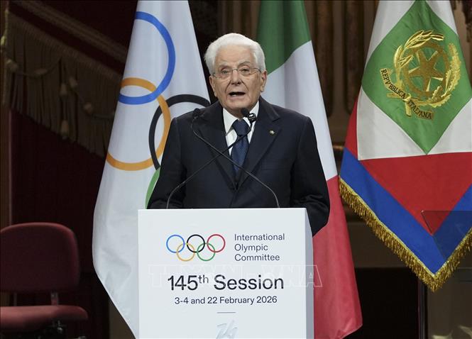 Tổng thống Italy Sergio Mattarella phát biểu tại lễ khai mạc phiên họp lần thứ 145 của Ủy ban Olympic Quốc tế (IOC) ở Milan, Italy, ngày 2/2/2026. Ảnh: THX/TTXVN